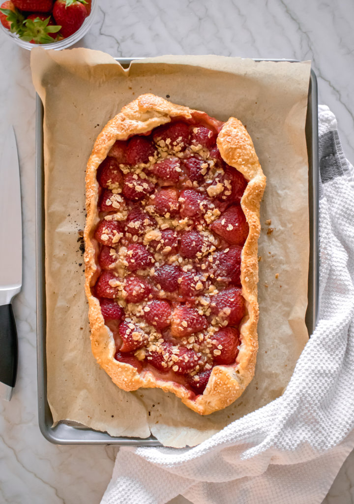 baked strawberry galette with oat crumble. 