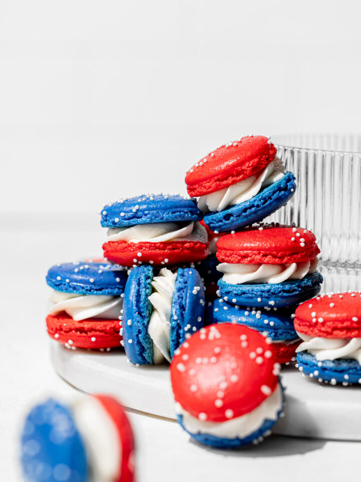 4th of July macarons stacked.