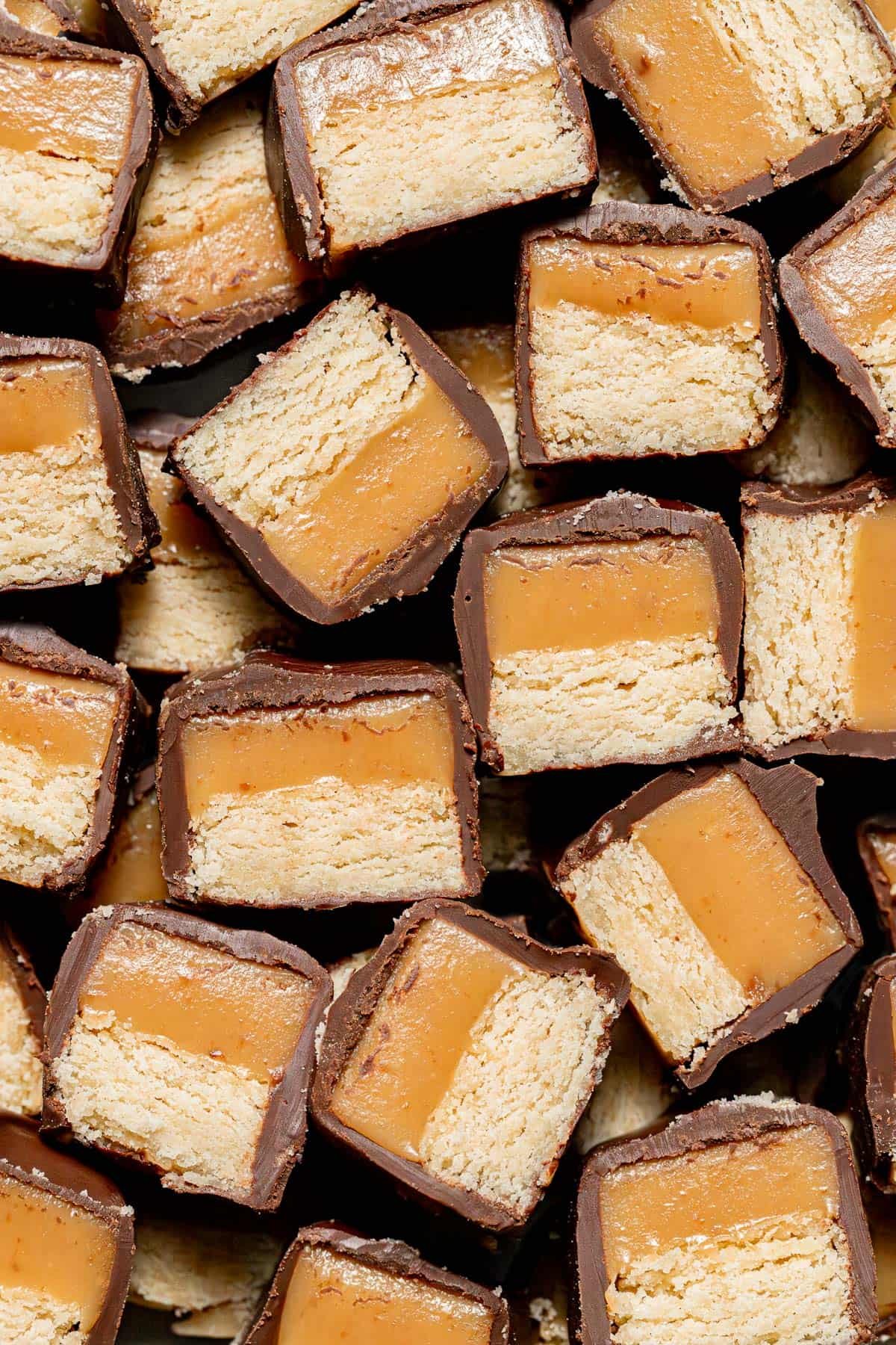 Twix bars cut into bite sized pieces.