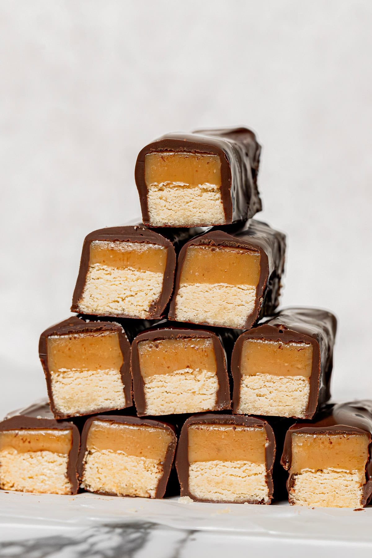 Twix bars stacked in pyramid. 