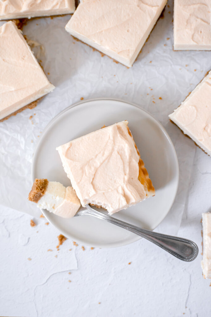 vanilla cheesecake bars with caramel mousse