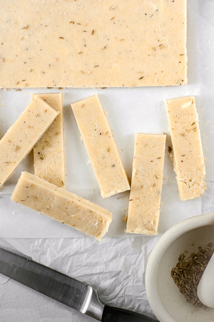 parmesan fennel shortbread half cut into rectangles.