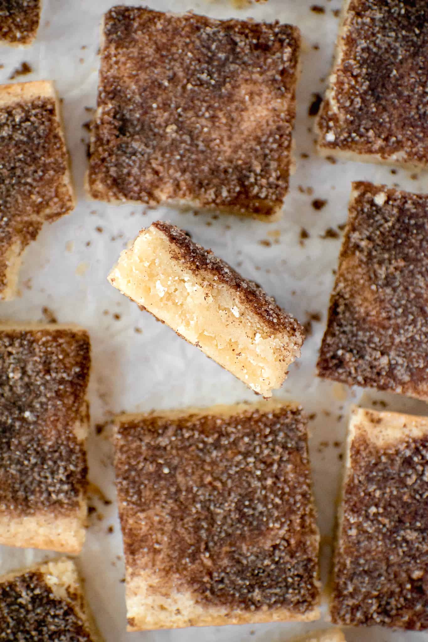 snickerdoodle cookie bars surrounding one bar on its side.