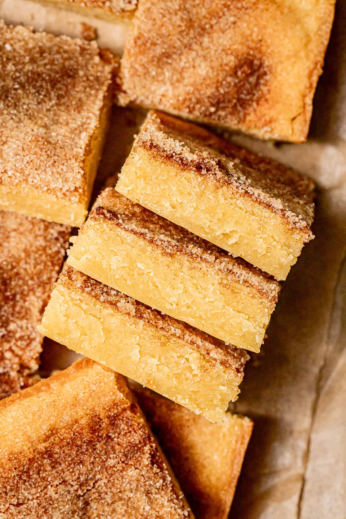 snickerdoodle cookie bars lined up.