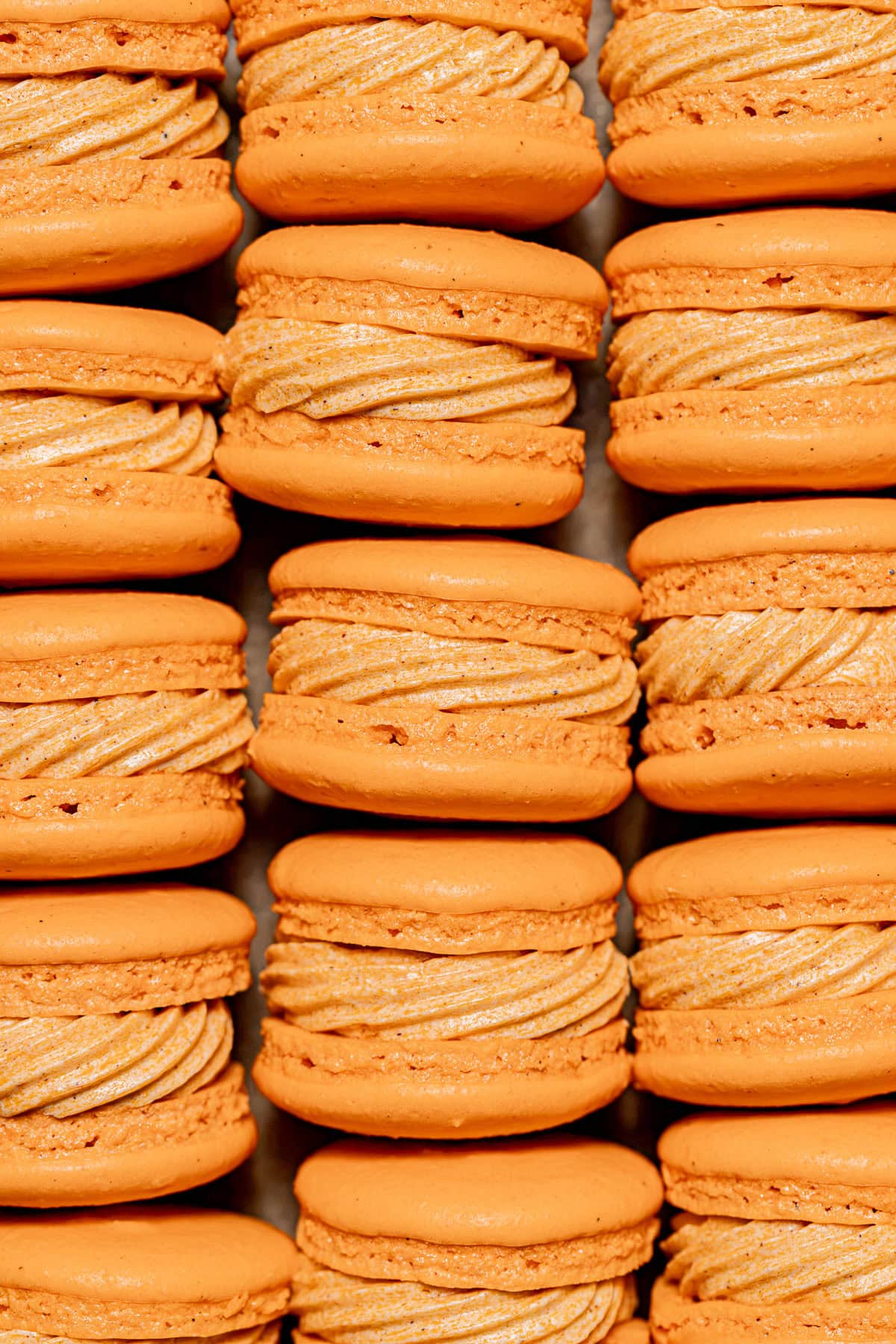 Pumpkin Macarons lined up on baking sheet.