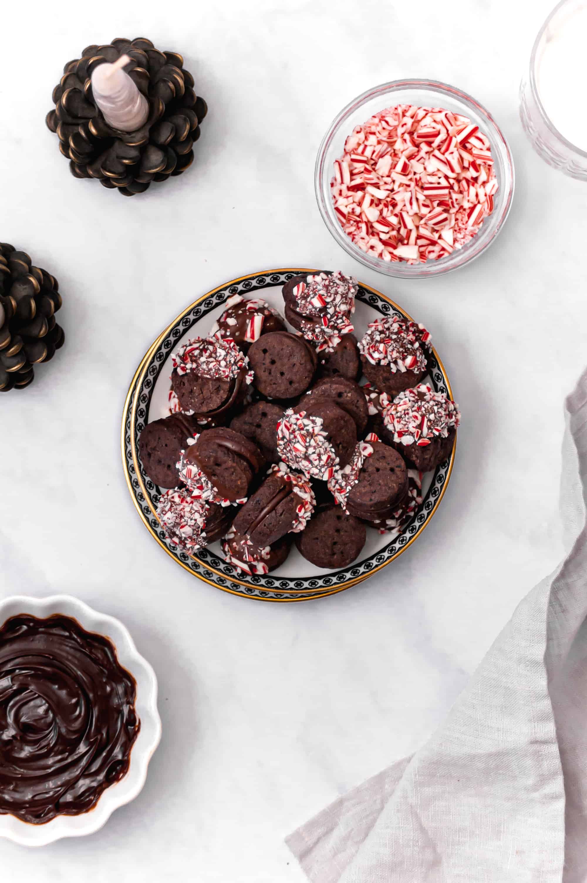 chocolate peppermint sable cookies assembled and topped in a small bowl.