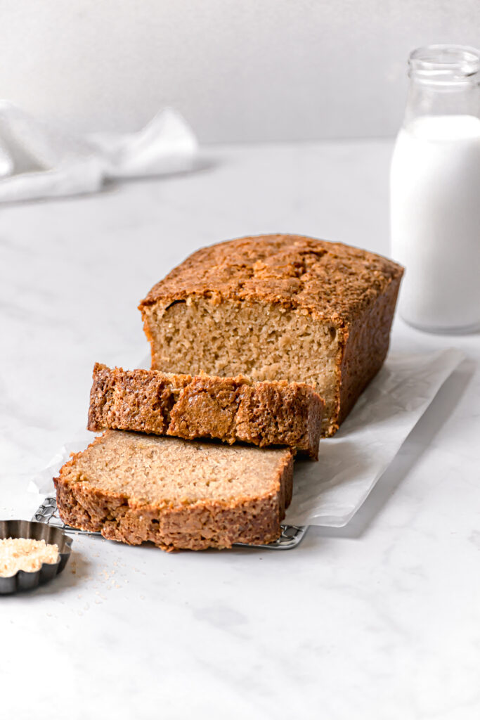 one bowl brown butter banana bread sliced on safety grater 