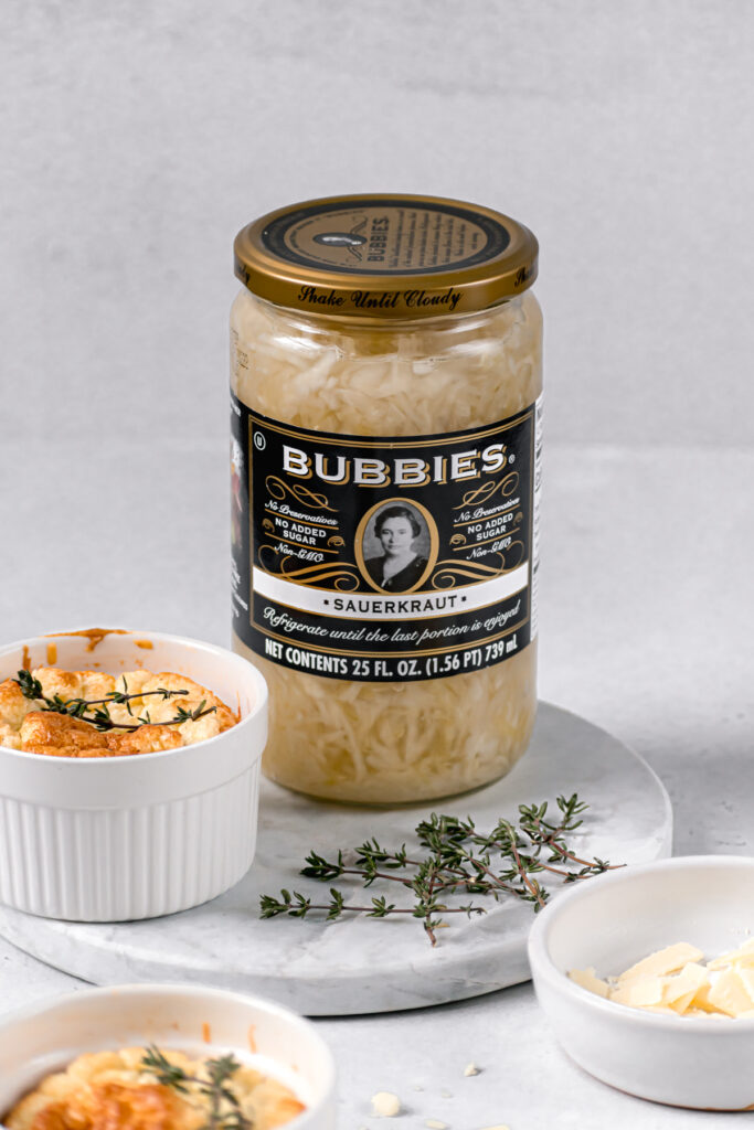 jar of bubbies sauerkraut with mini soufflés