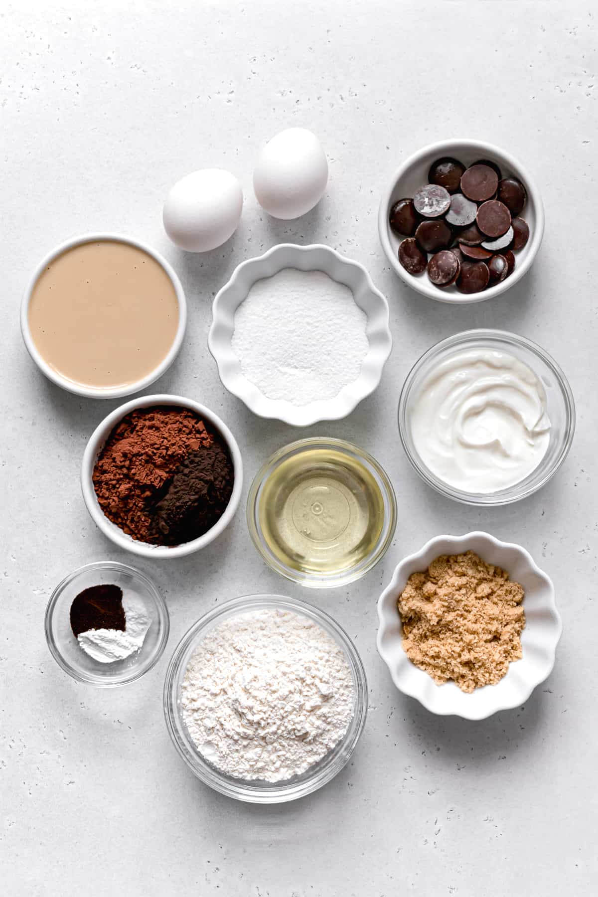 ingredients for double chocolate tahini muffins.