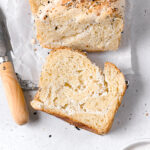 slice of everything bagel bread babka with small paring knife