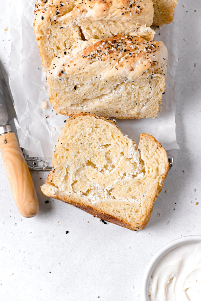 slice of everything bagel bread babka with small paring knife