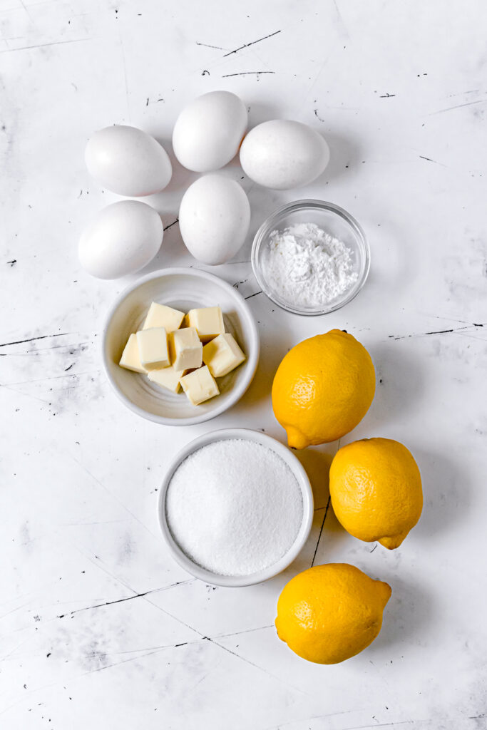 ingredients for lemon pie filling and swiss meringue