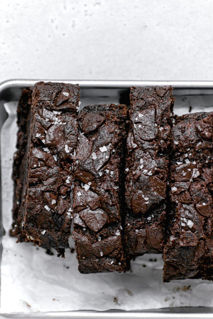 slices of chocolate zucchini bread leaned up against each other in silver pan