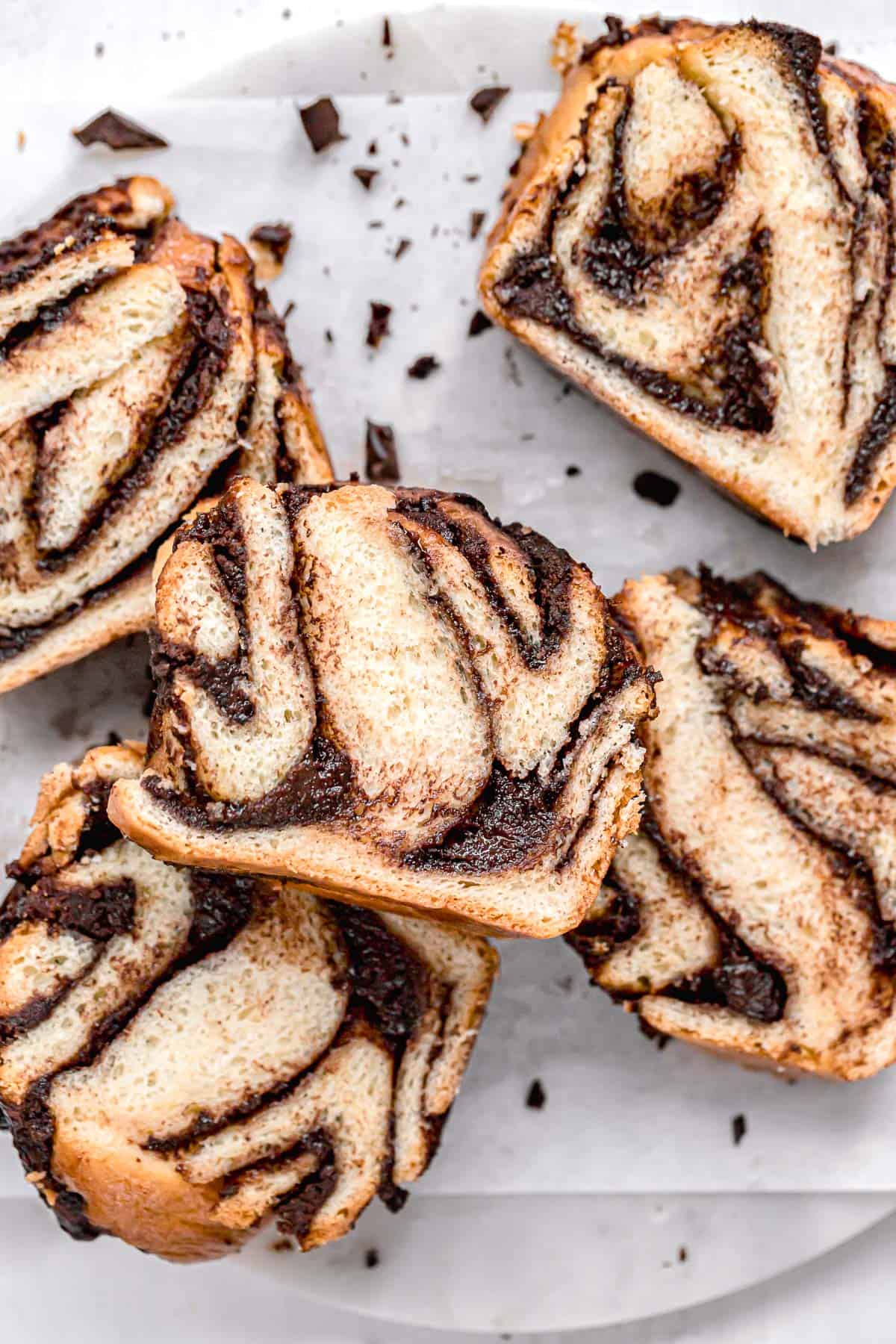 slices of chocolate tahini babka.