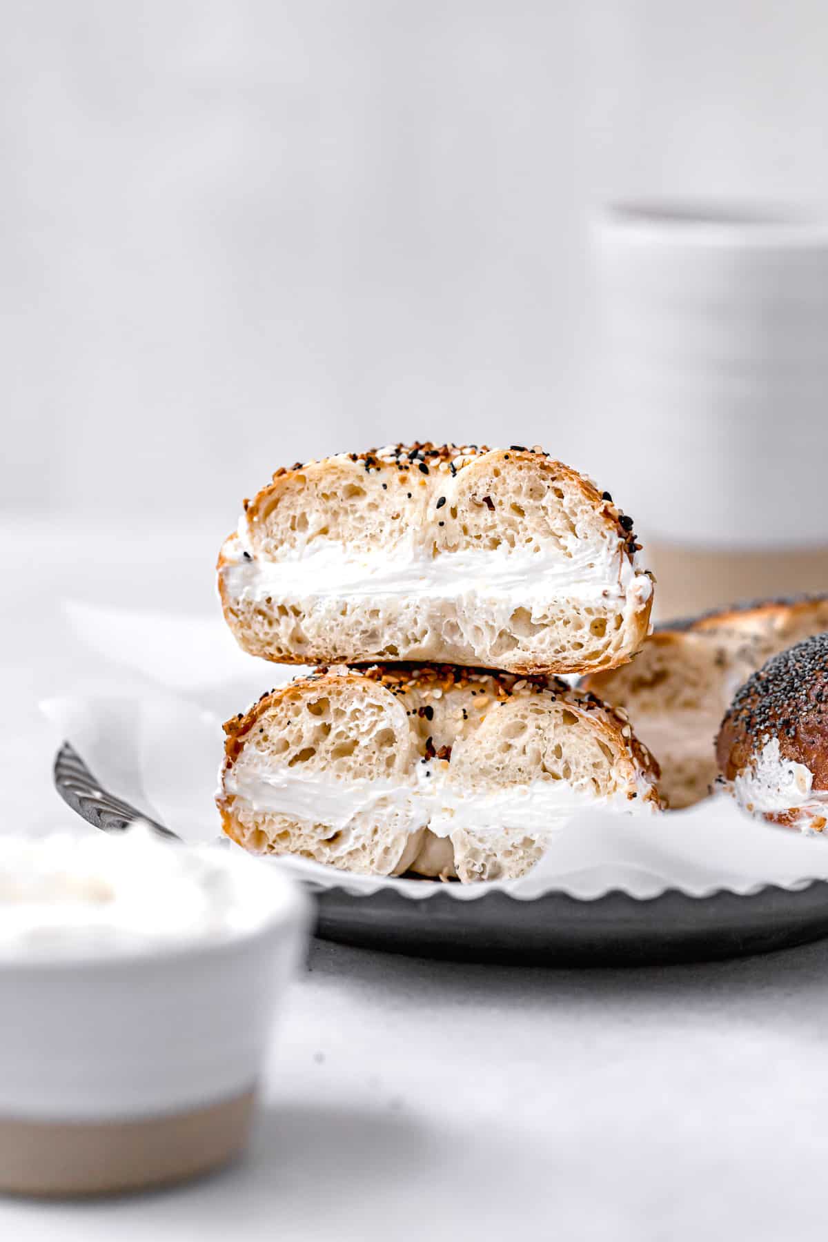 everything bagel with cream cheese stacked.