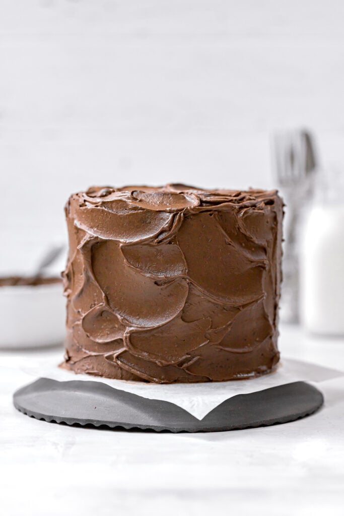 black velvet cake frosted with chocolate buttercream