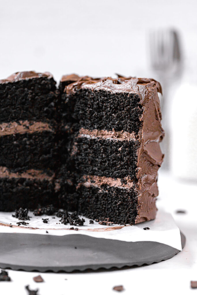 black velvet cake sliced to show inside texture