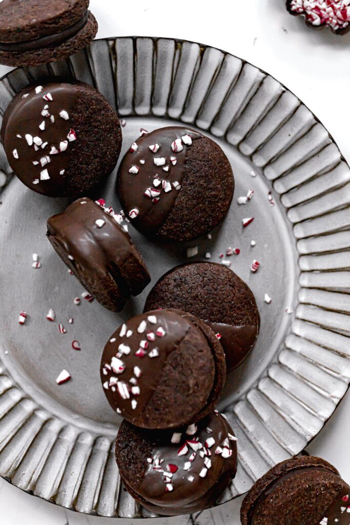 chocolate peppermint cookies on grey plate