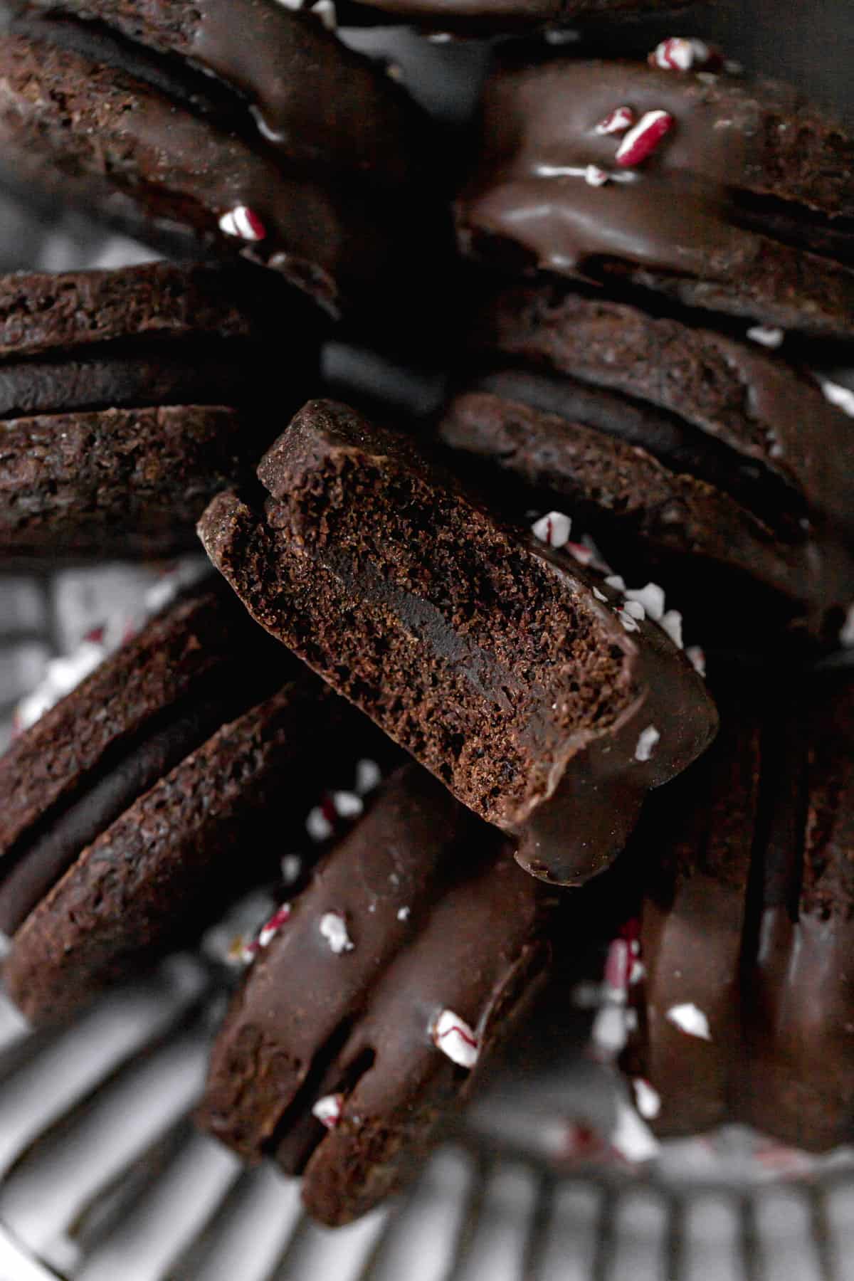 chocolate sable cookies sandwiched with chocolate peppermint ganache.