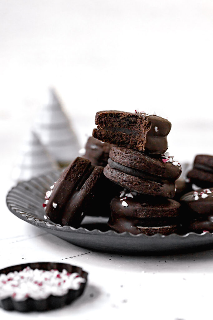 chocolate peppermint cookies stacked on plate