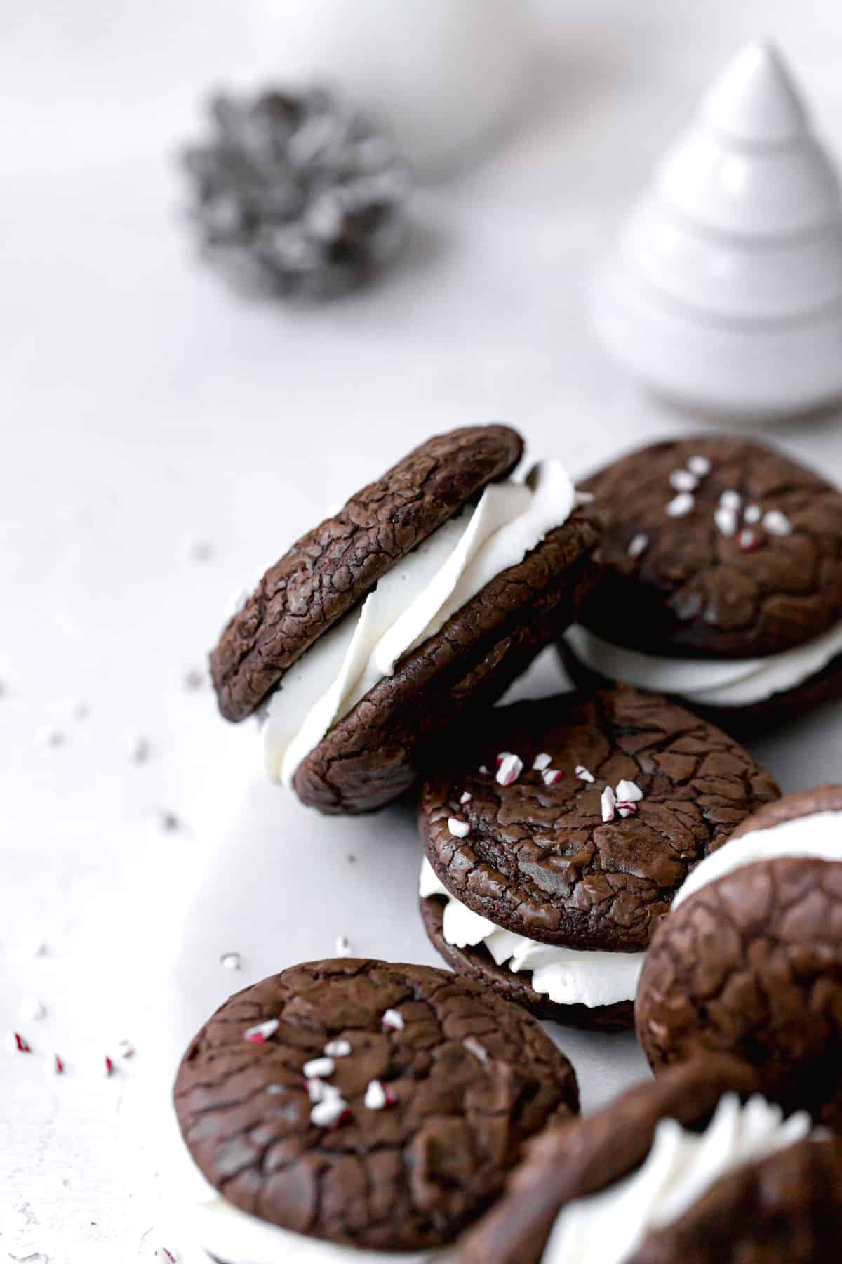 peppermint mocha cookie leaned up against other cookies.