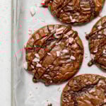 peppermint mocha cookies on baking sheet.