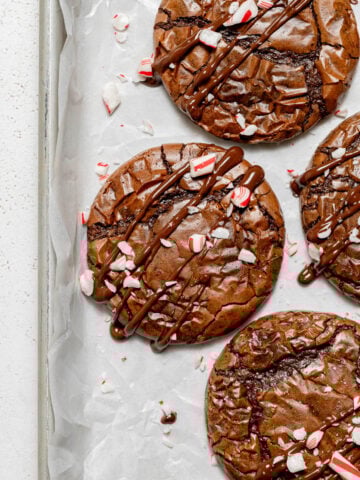 peppermint mocha cookies on baking sheet.
