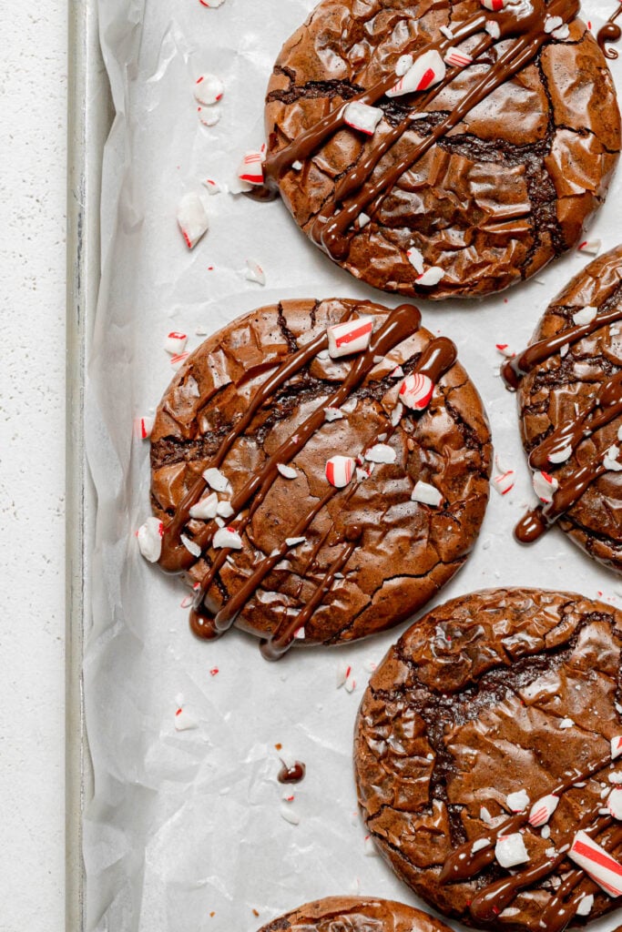 peppermint mocha cookies on baking sheet.
