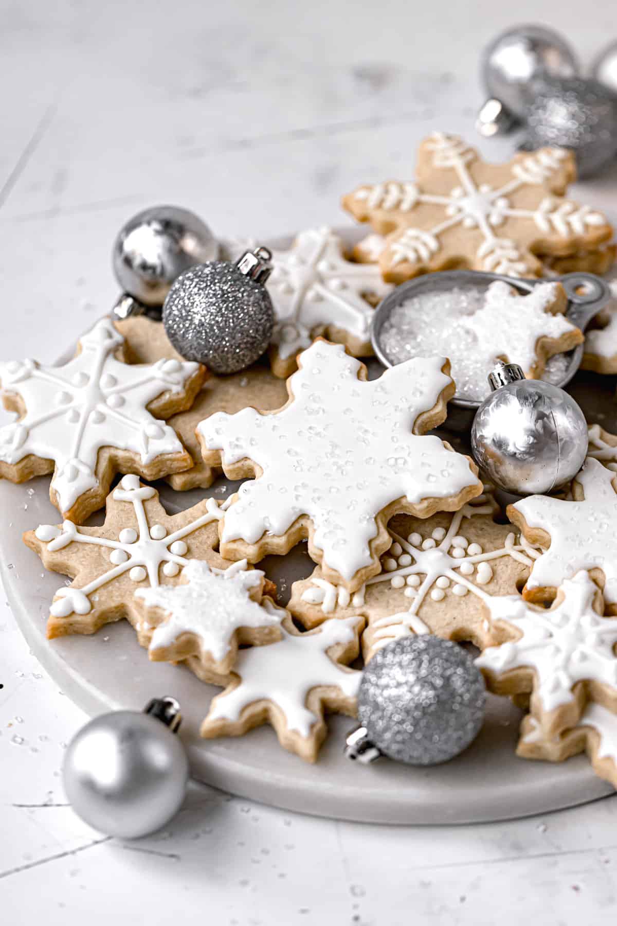 snowflake sugar cookies with royal icing.