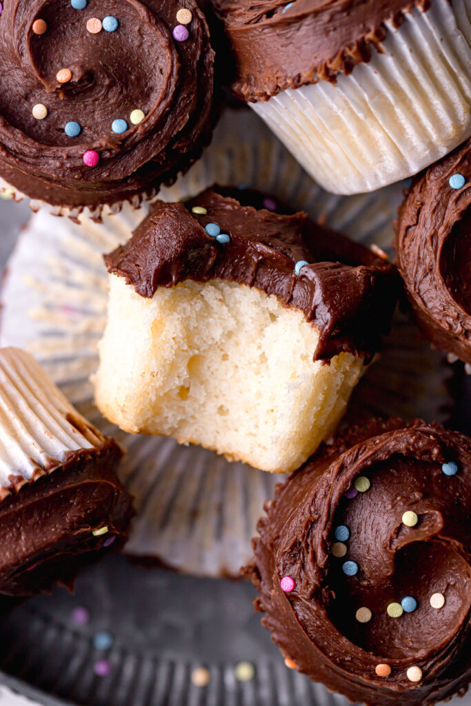 small batch vanilla cupcakes with dark chocolate frosting