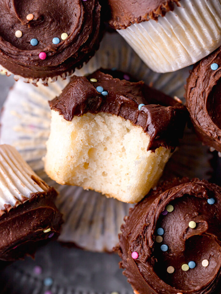 small batch vanilla cupcakes with dark chocolate frosting