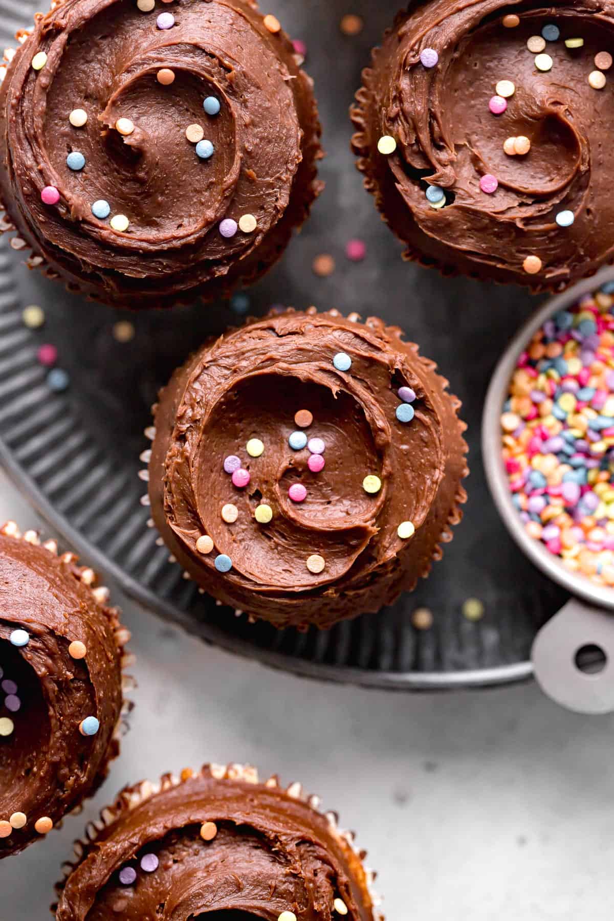 small batch vanilla cupcakes with chocolate French buttercream.