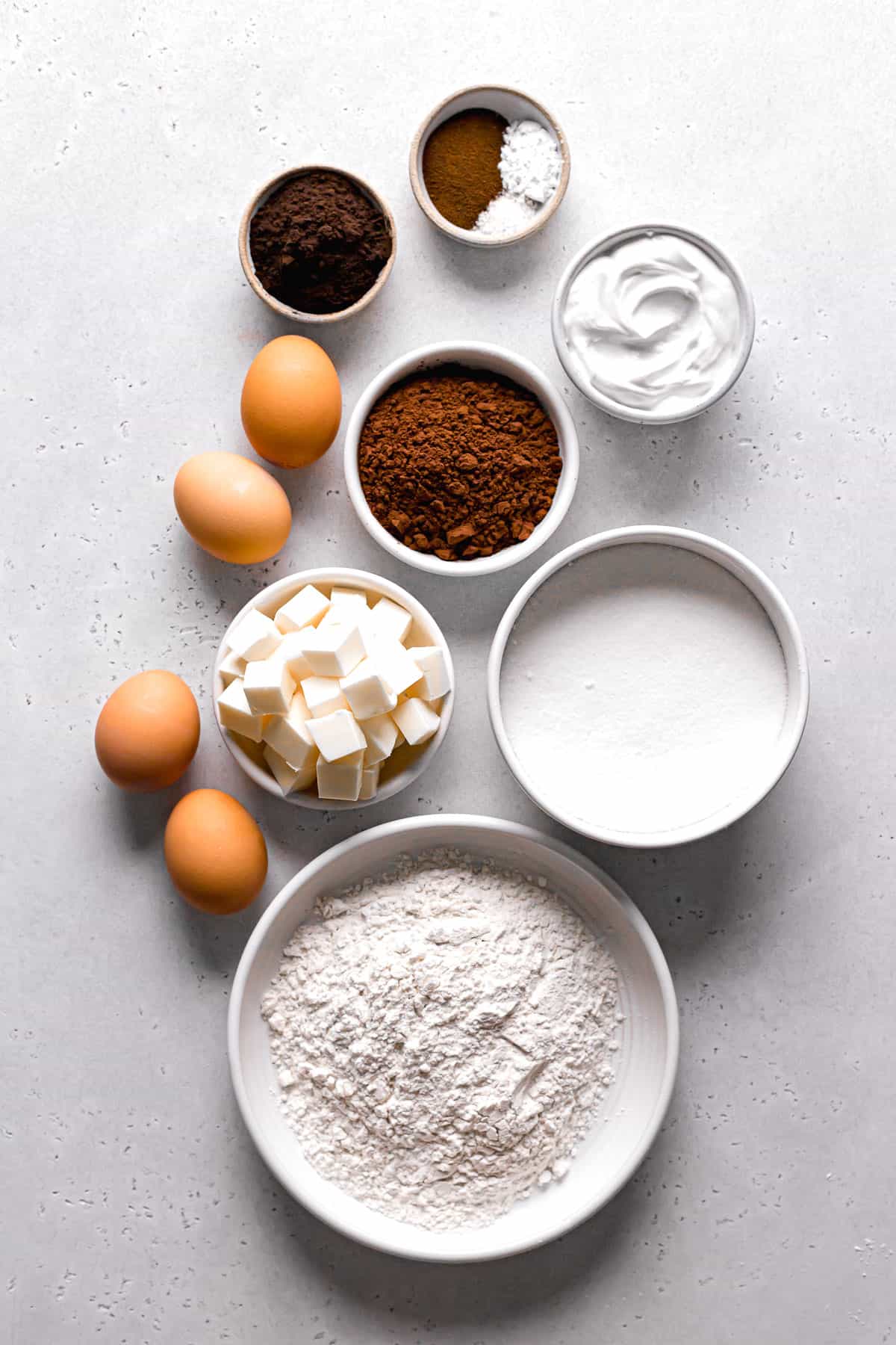 ingredients for chocolate pound cake recipe.