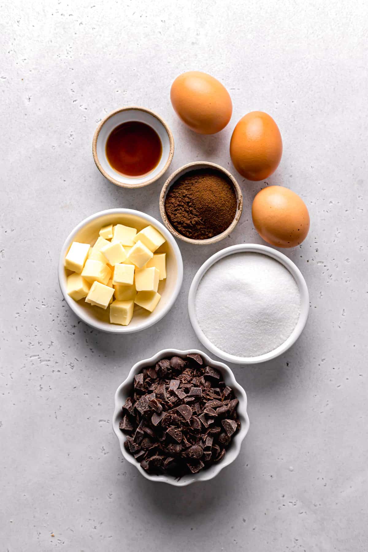ingredients for mini flourless chocolate cake.
