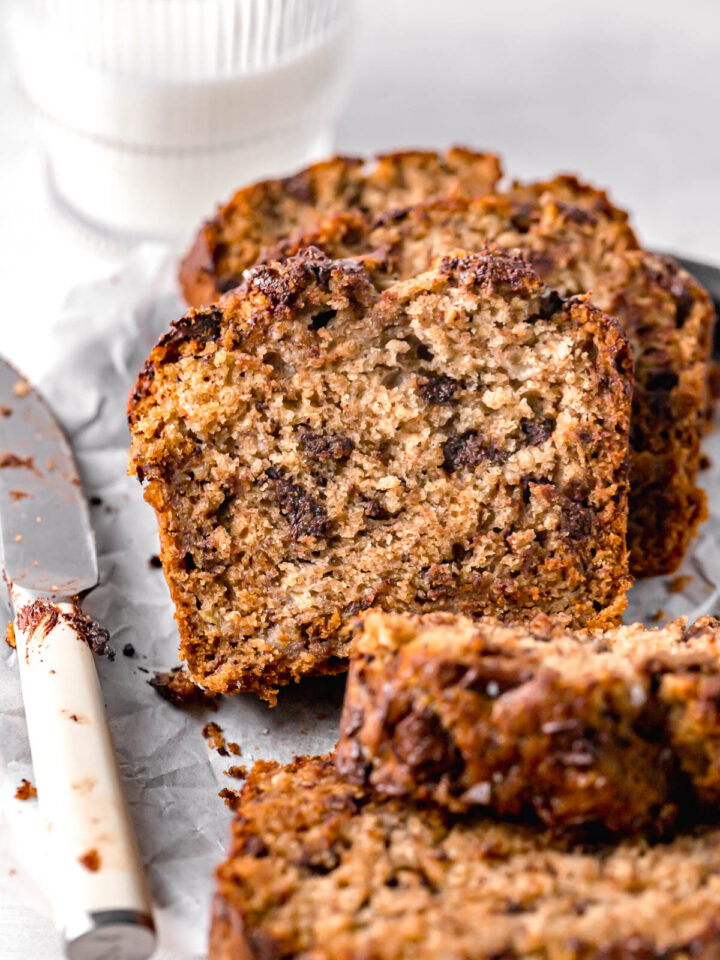 honey banana bread with chocolate chips sliced to show inside texture