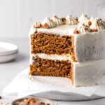 mini carrot cake with brown butter cream cheese frosting cut to reveal inside