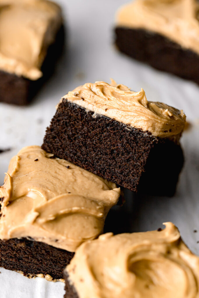 piece of chocolate cake with peanut butter frosting propped up against another piece