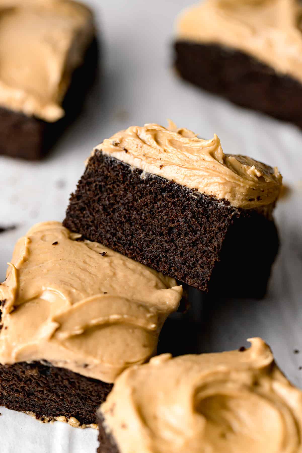 piece of chocolate cake with peanut butter frosting propped up against another piece.
