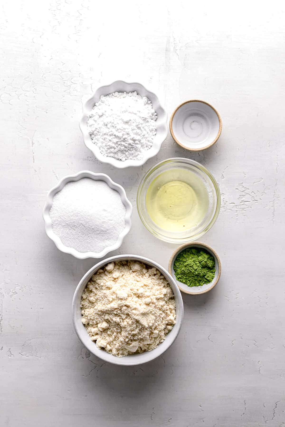 ingredients for matcha amaretti cookies.