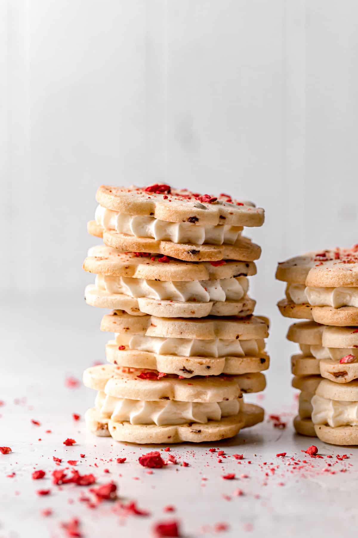 strawberry cheesecake cookies stacked.