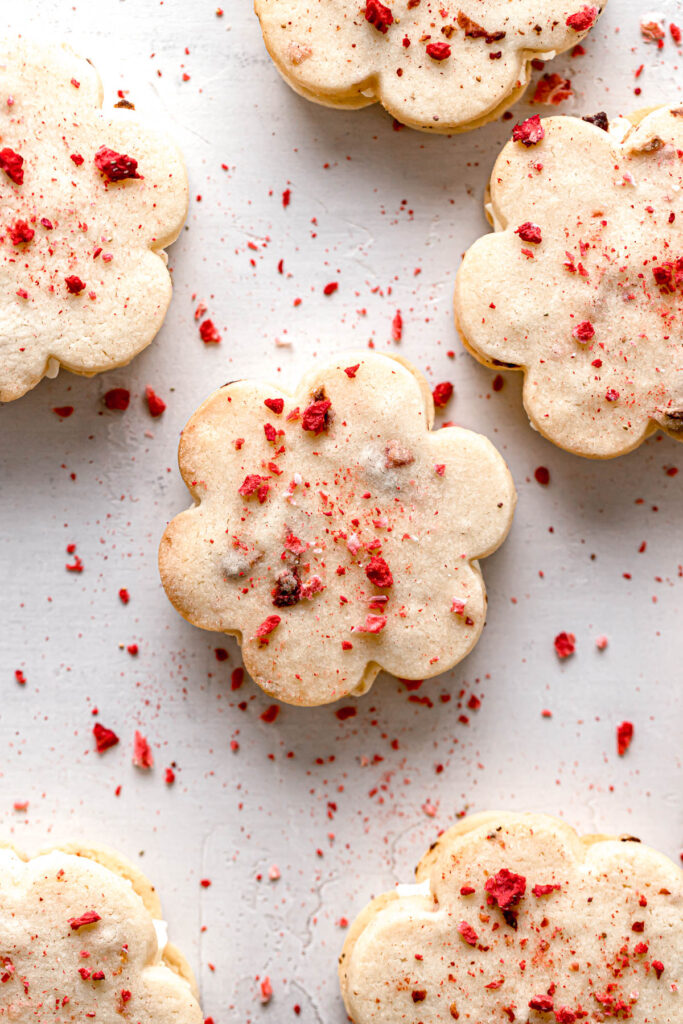 strawberry cheesecake cookies with freeze dried strawberries on top 