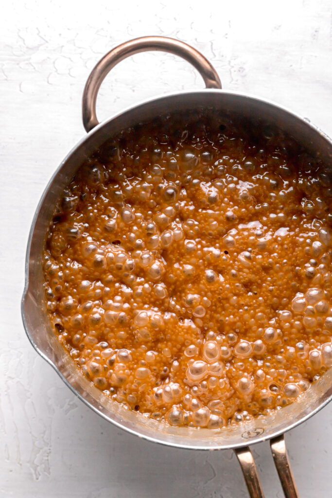 caramel bubbled up in saucepan