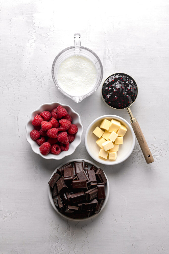 ingredients for chocolate ganache and jam filling