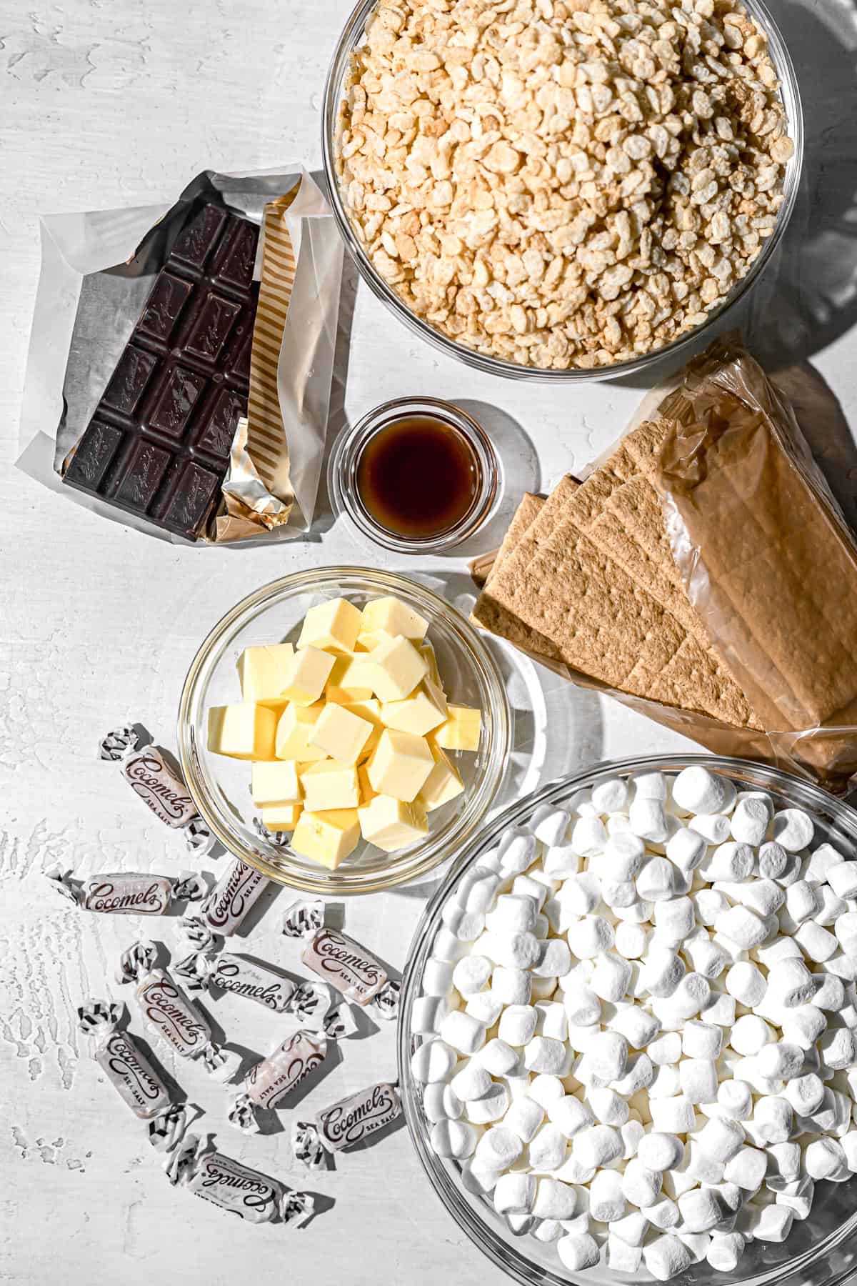 ingredients for caramel s'mores rice krispie treats