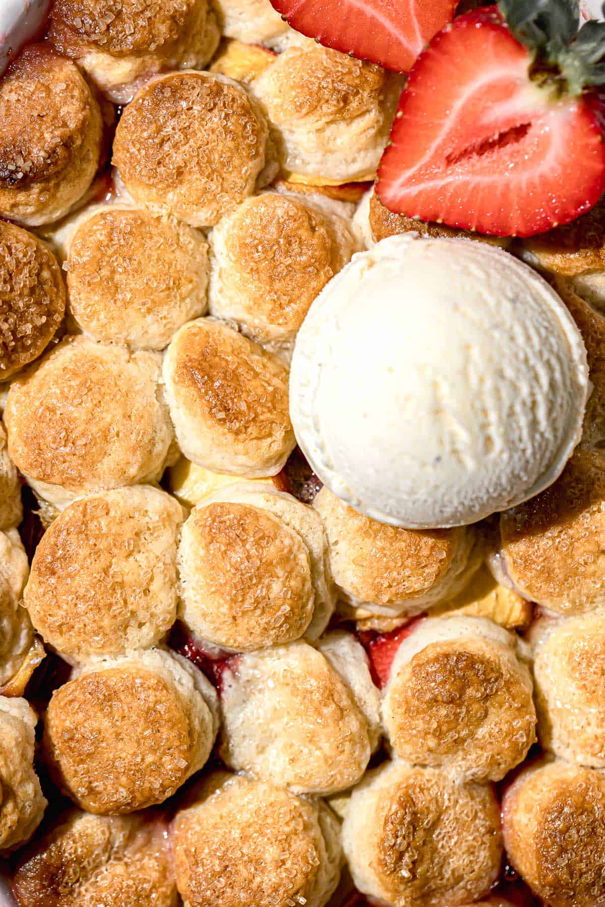 close up of cobbler with ice cream