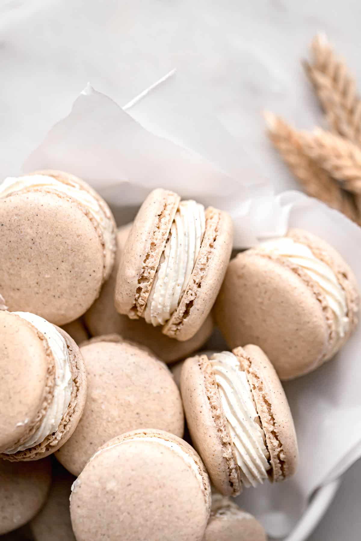 Chai Macarons in parchment lined bowl