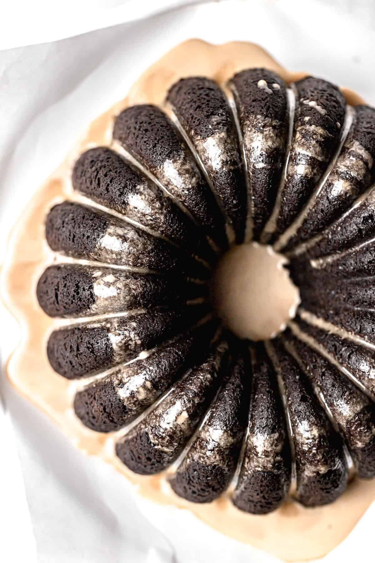overhead view of chocolate bundt cake covered in espresso glaze.
