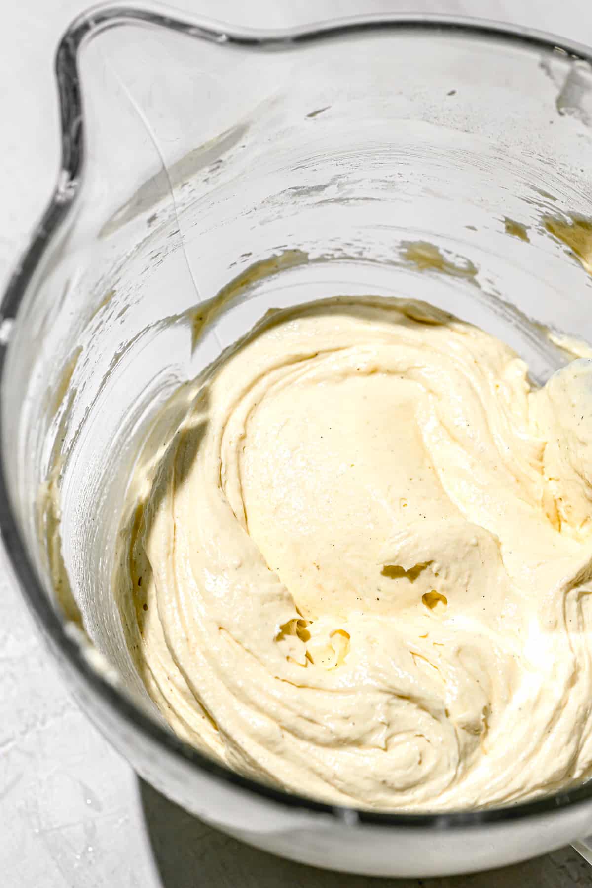 pound cake batter in glass mixing bowl