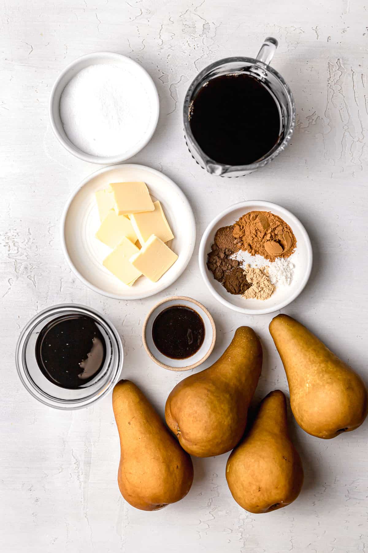 ingredients for balsamic molasses pears and spiced sugar