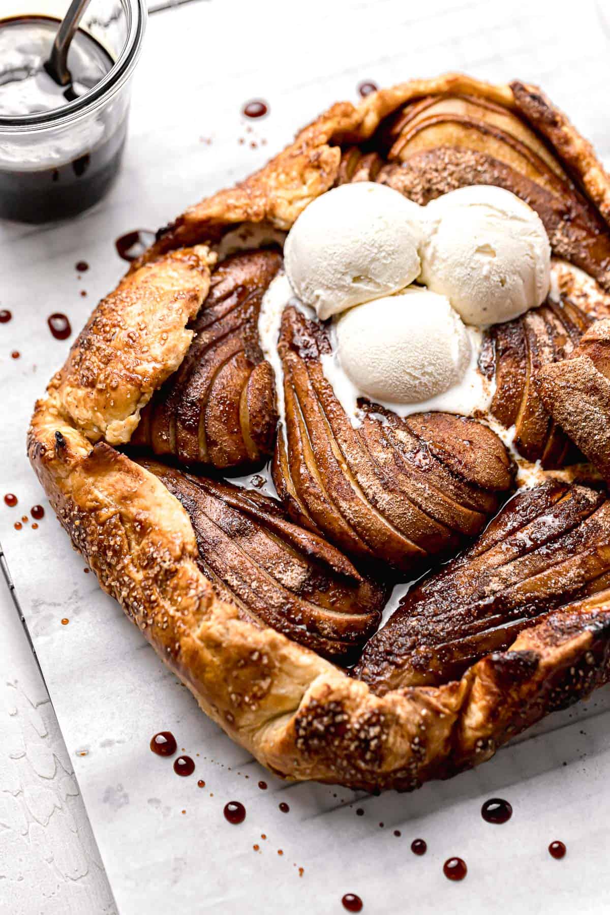 spiced pear galette with ice cream.